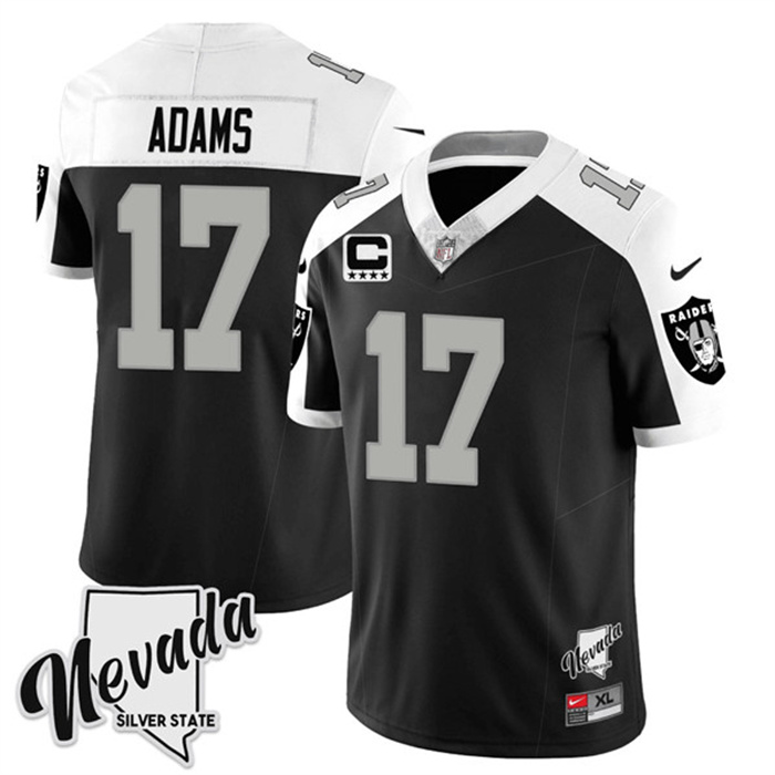 Men's Las Vegas Raiders #17 Davante Adams Black/White 2023 F.U.S.E Nevada Silver Stat With 4-Star C patch Stitched Football Jersey